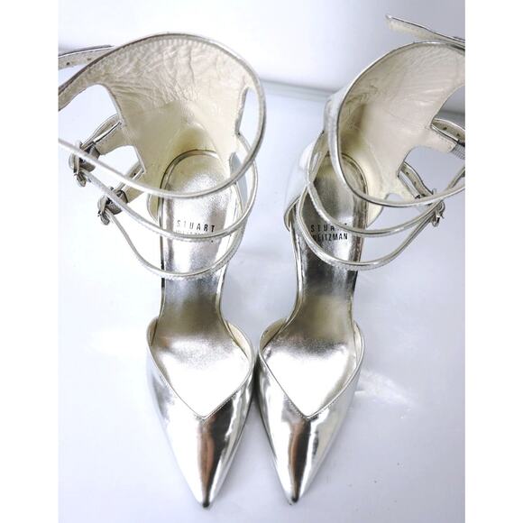 Stuart Weitzman Privacy Silver Pointy Toe Multi Ankle Strap Pumps Size 6.5 Wide - Picture 11 of 11